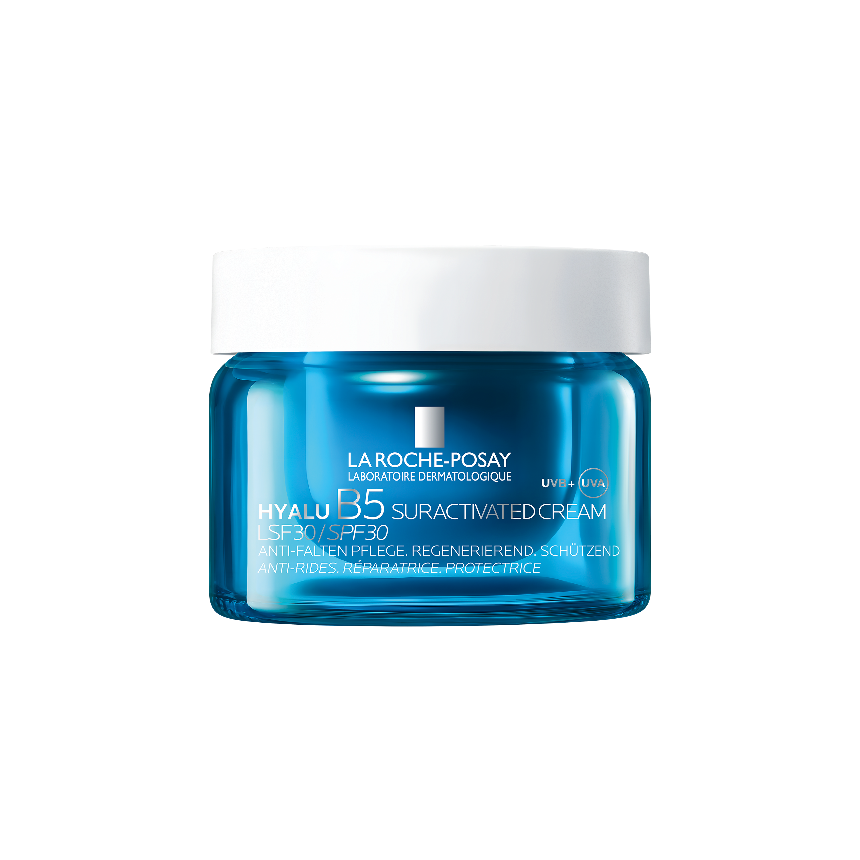 Blaue Creme-Dose mit weißem Deckel. Text: La Roche-Posay, Hyalu B5 Suractivated Cream LSF 30. UVB+UVA.
